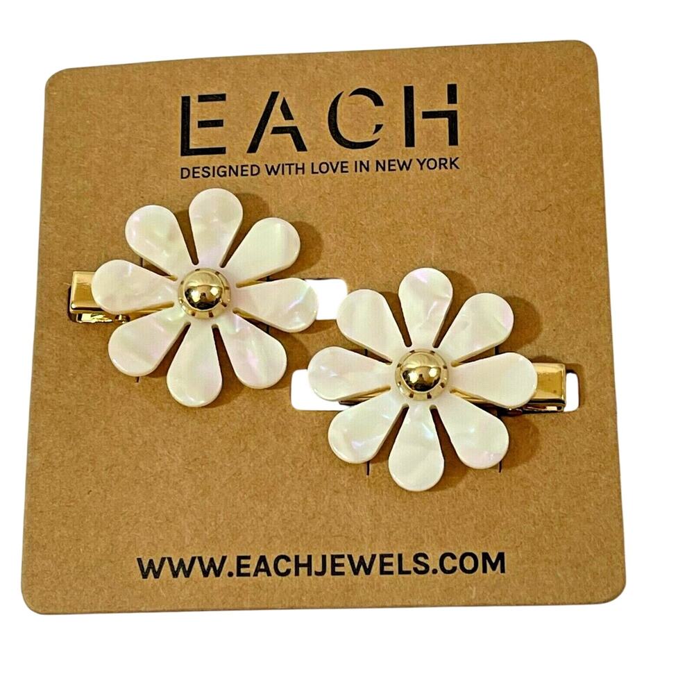 Barrettes Hair Clips Pearl Flower Each Jewels Daisy Set Of 2 White With Gold